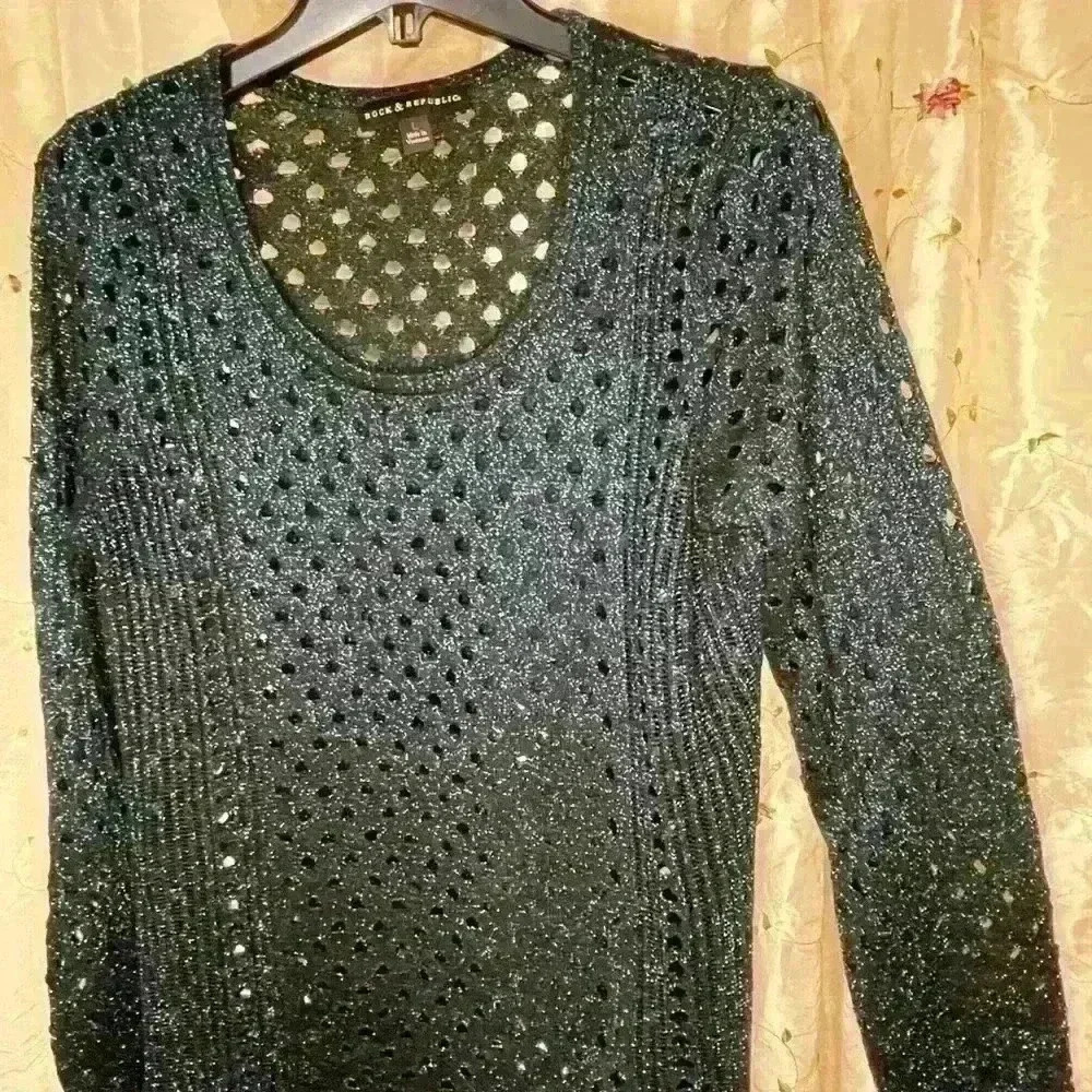 Rock & Republic Black Metallic Open-Knit Sweater L Shimmer Cutout Long‎ Sleeve